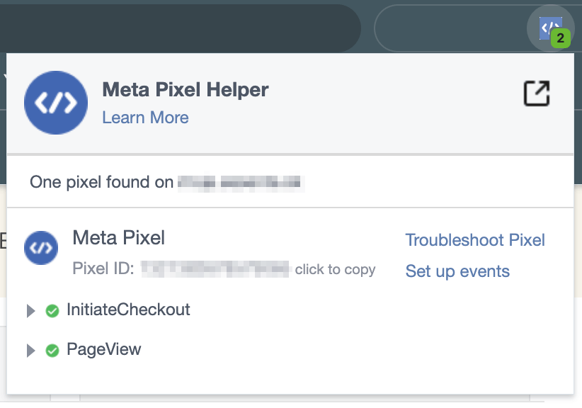 Meta Pixel Helper - aktvivn&iacute; stav i zaznamen&aacute;van&eacute; ud&aacute;losti